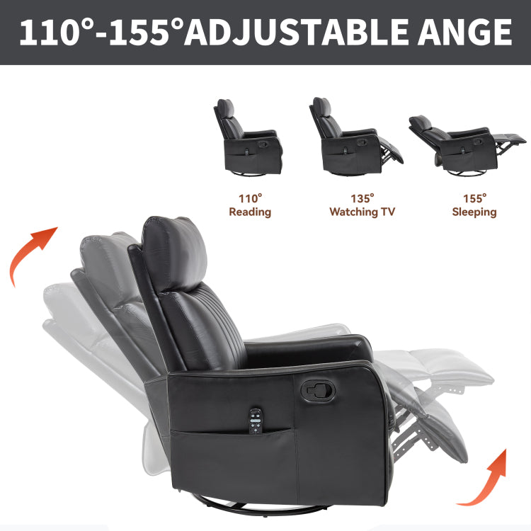 Black Faux Leather Heat Massage Manual Recliner Chair With Rocker And Swivel For Living Room