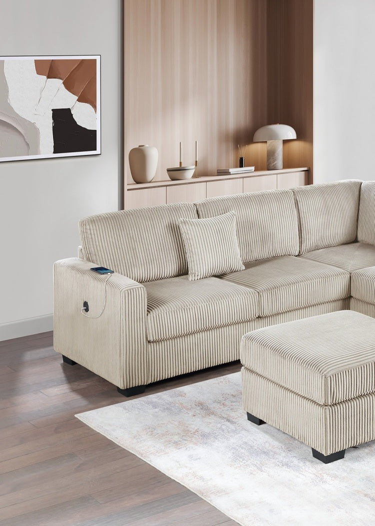 Living Room Corduroy Upholstered Camel 4Pc Sectional Set Raf Laf One Arm Loveseat W Usb, Corner Wedge, Cocktail Ottoman Cushion Couch