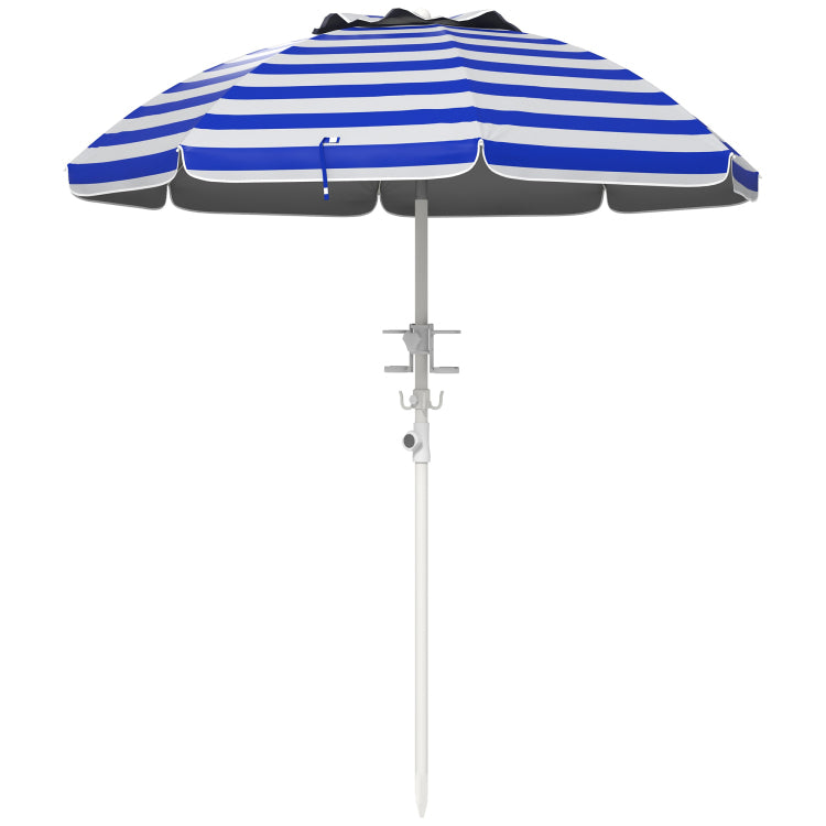 Outsunny 5.7' Portable Beach Umbrella With Tilt, Adjustable Height, 2 Cup Holders & Hooks, Uv 40 Ruffled Outdoor Umbrella With Vented Canopy, Blue White Stripe