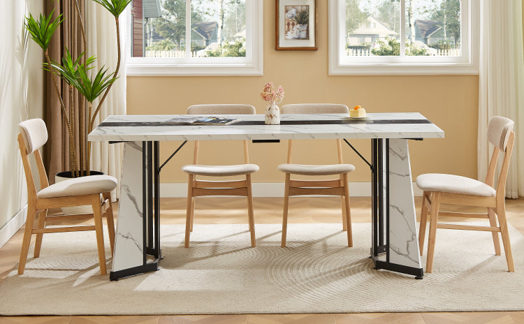70.9"Rectangular Large Dining Table, Marble Grain Waterproof Large Desk For 8 People, Deluxe Family Dining Table With Adjustable Legs For Kitchen,Living Room,Office, White,70.9''W X 35.4''D X