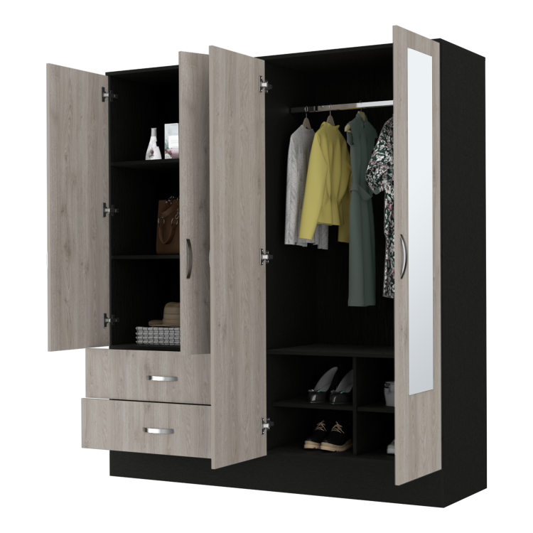 Florencia L Mirrored Armoire, Two Cabinets With Divisions,Black And Light Grey
