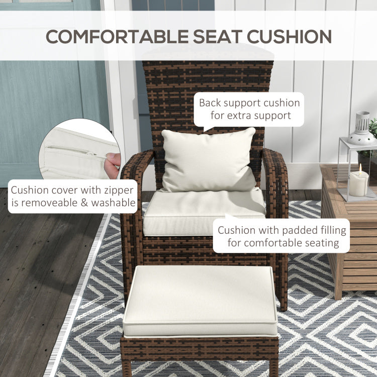 Outsunny Patio Wicker Adirondack Chair With Ottoman, Outdoor Fire Pit Chair With Cushions, High Back, Large Seat & Armrests For Deck, Garden & Backyard, Cream White