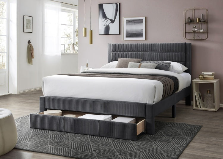 Luxury Contemporary Look 1Pc Full Size Bed W Storage Drawer Charcoal Corduroy Headboard Bedframe