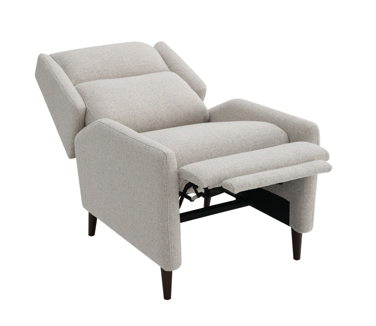 Mid Century Modern Pushback Manual Recliner Tapered Legs Linen Textured Fabric High Back Subtle Channel Detail Beige Finish Primary Living Room