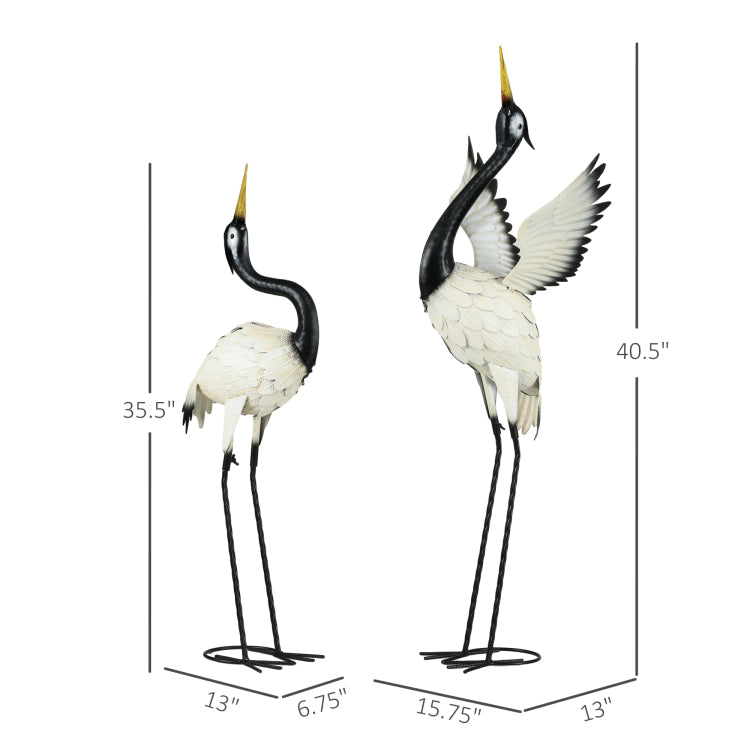 Outsunny Heron Garden Statues, 35.5" & 40.5" Standing Bird Sculptures, Metal Yard Art Decor For Lawn, Patio, Backyard, Landscape Decoration Set Of 2, White & Black