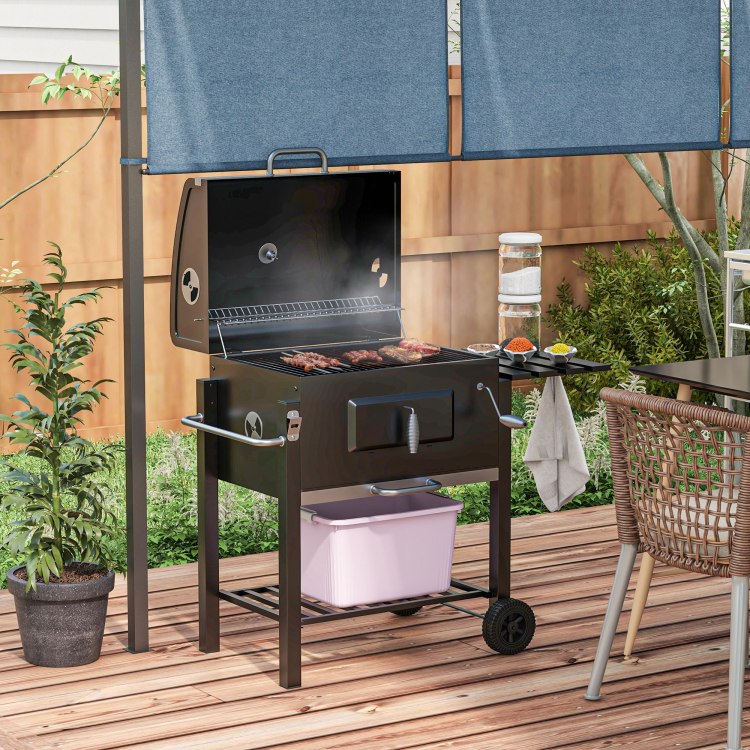 Outsunny Charcoal Bbq Grill, Outdoor Portable Cooker For Camping Or Backyard Picnic With Side Table, Bottom Storage Shelf, Wheels And Handle, Black