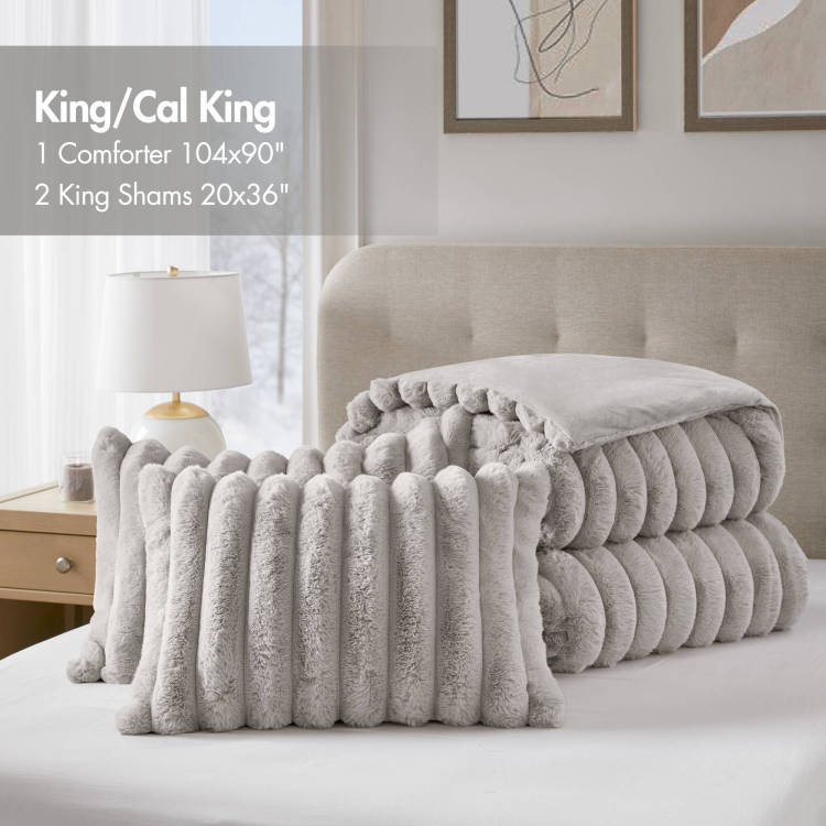 3 Pieces Full Queen Soft Faux Fur Ribbed Comforter Set,Light Gray