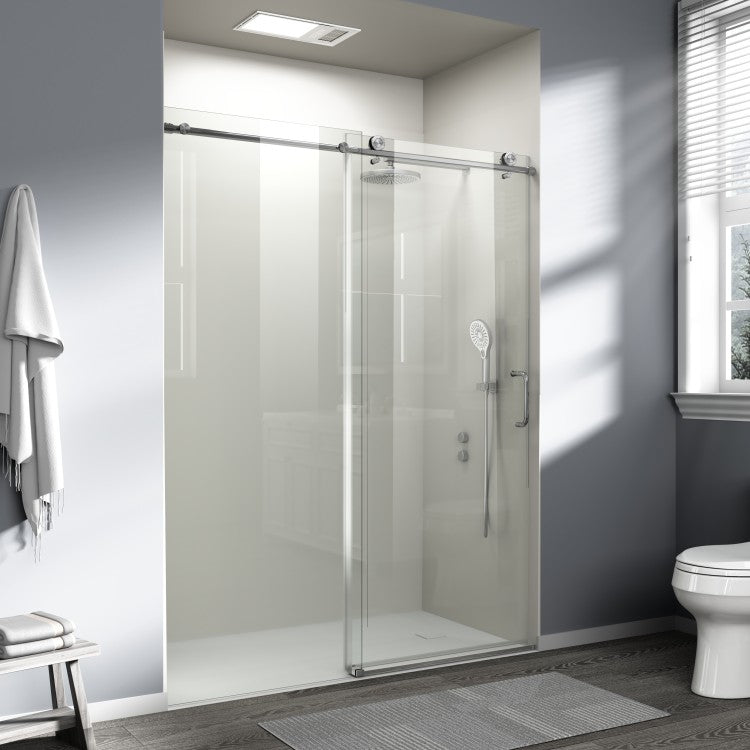 56" 60" W X 76" H Single Sliding Shower Door, Frameless Bathroom Sliding Door With 1 4" 6Mm Tempered Glass For Walk In Shower, Brushed Nickel Cm 25D06 60Bnx