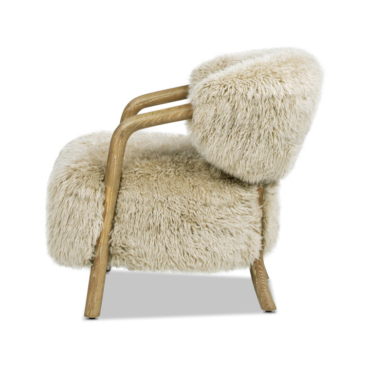 Becker 33" Rustic Oak Sheepskin Upholstered Accent Arm Chair, Taupe Beige Genuine Fur