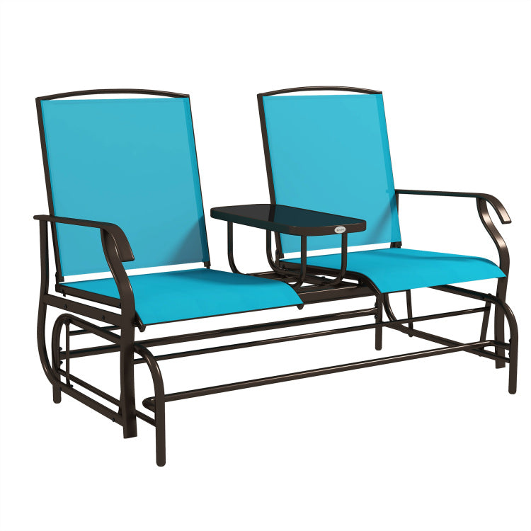 Outsunny Outdoor Glider Bench With Center Table, Metal Frame Patio Loveseat With Mesh Fabric And Armrests For Backyard Garden Porch, Blue