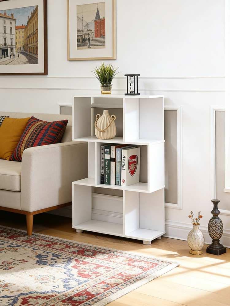 Modern Staggered 3 Shelf Manor Bookcase, White