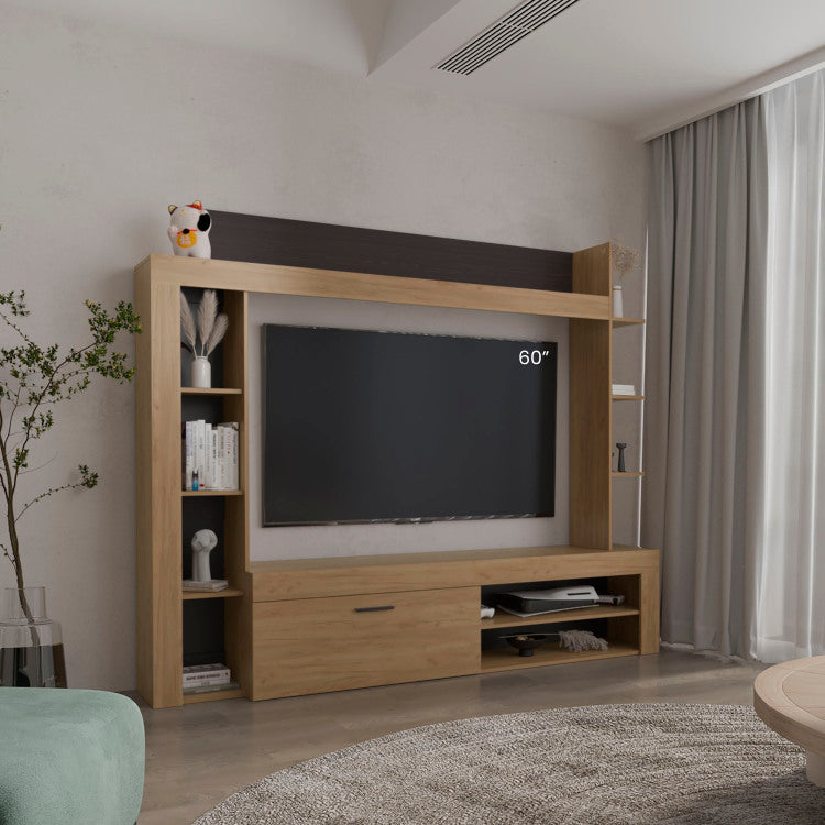 Cecil Entertainment Center And Tv Stand With Open Below Shelves And Storage Compartments With One Door, Natural Oak With Black