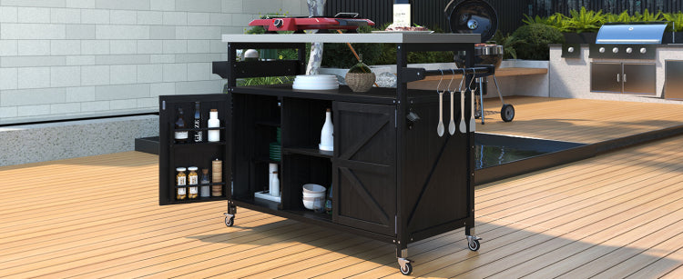 K&K Outdoor Kitchen Island, Rolling Bar Cart & Storage Cabinet, Farmhouse Solid Wood Outdoor Grill Table With Stainless Steel Top, Spice Rack , Towel Rack For Kitchen & Barbecue, Black