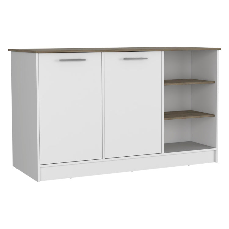 Ginger Kitchen Island, Three Open Shelves, Two Cabinets White Dark Brown
