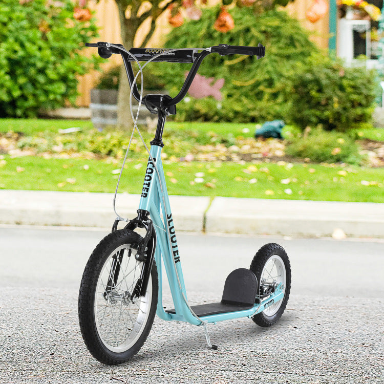 Aosom Youth Scooter, Teens Kick Scooter, Adjustable Handlebar Ride On Toy For 5 With 16" Front And 12" Rear Dual Brakes Inflatable Wheels, Blue