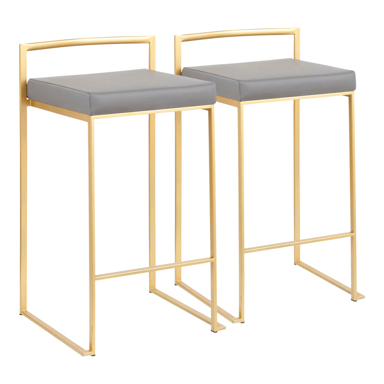 Contemporary Counter Stool In Gold With Grey Faux Leather Set Of 2