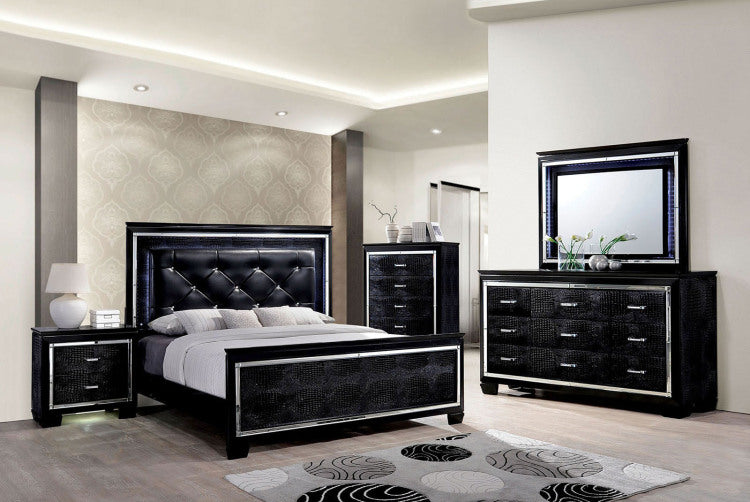 1Pc Chest Crocodile Texture Contemporary Style Diamond Crusted Handle English Dovetail Five Drawers 3Mm Mirror Black Finish