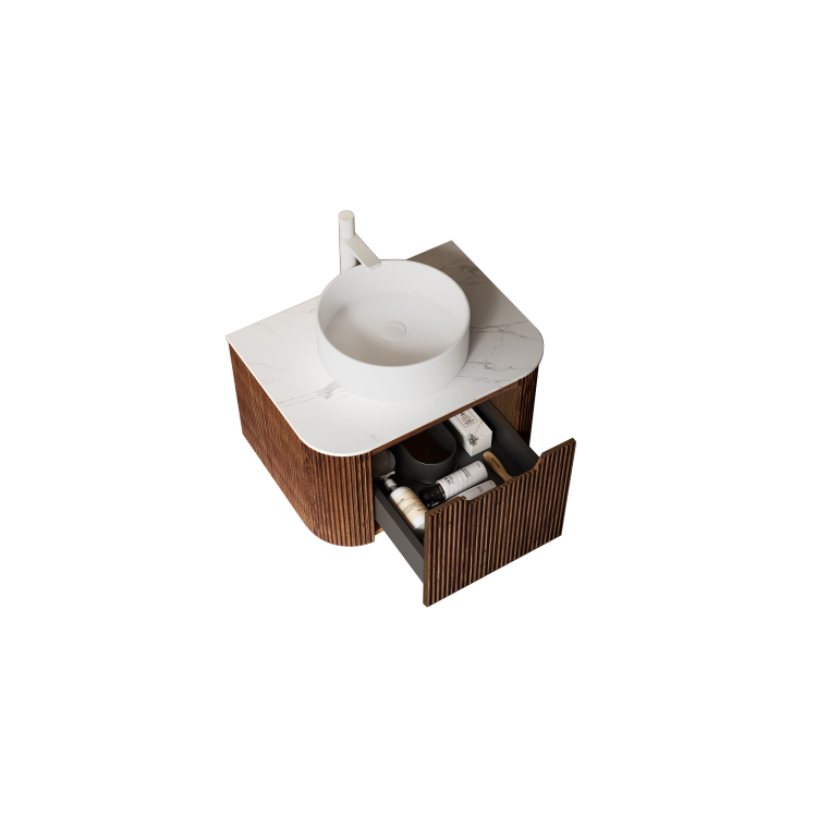 Dina 24" Bathroom Vanity With Sink, Wall Mounted Floating Curved Edges Striped Bathroom Storage Cabinet With Drawer, White Ceramic Basin Without Faucet, Pre Assembled, Dark Walnut Woodgrain Color