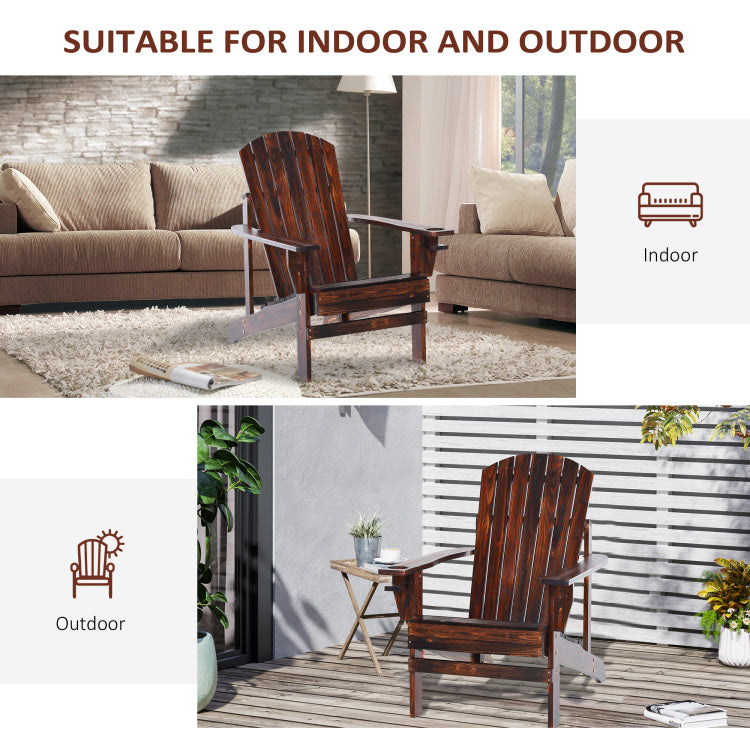 Outsunny Wooden Adirondack Chair, Outdoor Patio Lawn Chair With Cup Holder, Weather Resistant Lawn Furniture, Classic Lounge For Deck, Garden, Backyard, Fire Pit, Brown
