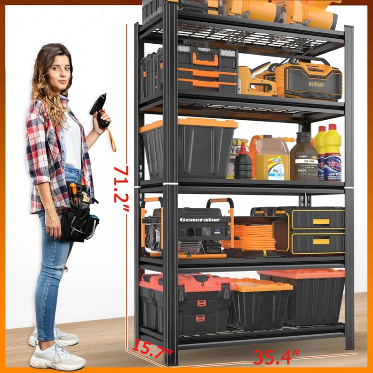 5 Layer Metal Storage Rack, Adjustable Height Storage Rack, 2000 Pound Load, Suitable For Garages, Kitchens, Supermarkets, Storage Rooms, And Gyms. Black, Requires Assembly