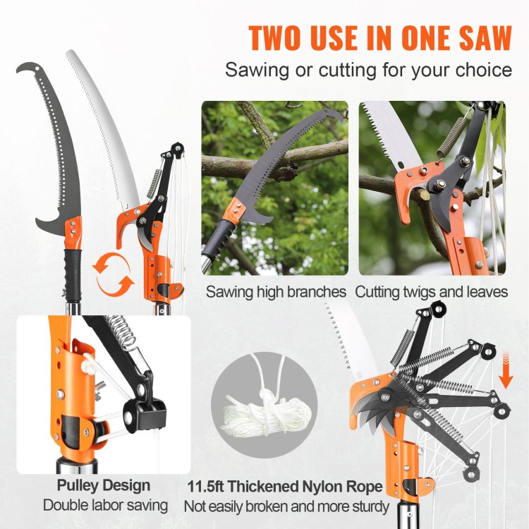 Manual Pole Saw, 7.3 27 Ft Extendable Tree Pruner, Sharp Steel Blade And Scissors High Branches Trimming, Branch Trimmer With Lightweight 8 Fiberglass Handles, For Pruning Palms And Shrubs