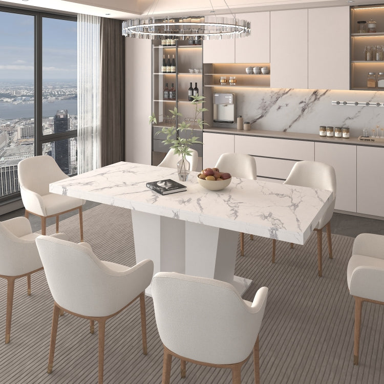 Extendable Dining Room Table For 6 10, Modern All White Faux Marble Rectangle Dining Table With Dual Column Pedestal Base, Expandable Kitchen Table