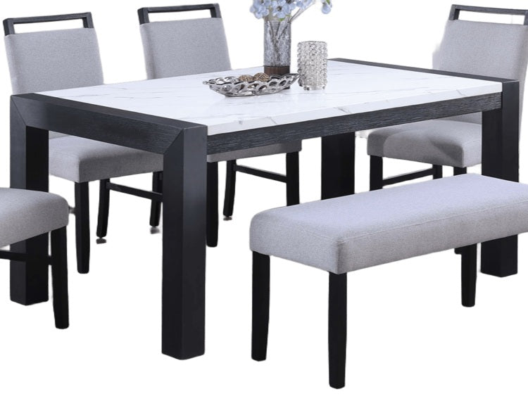 Elegant White Faux Marble Top 1Pc Table Charcoal Legs Wooden Dining Table Modern Sleek Two Tone Dining Table