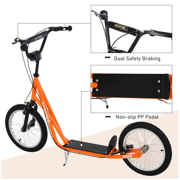 Aosom Youth Scooter Kick Scooter For Kids 5 With Adjustable Handlebar 16" Front And Rear Dual Brakes Inflatable Wheels, Orange