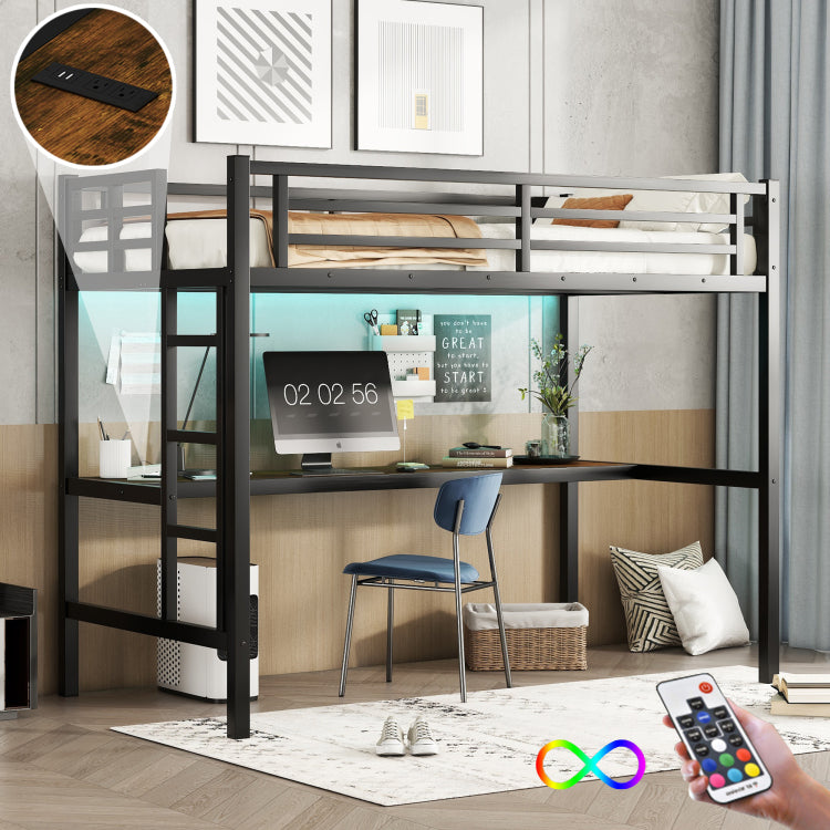 Metal Twin Xl Size Loft Bed With Power Outlet And Led Lighted, Space Saving, Noise Reduced, Black