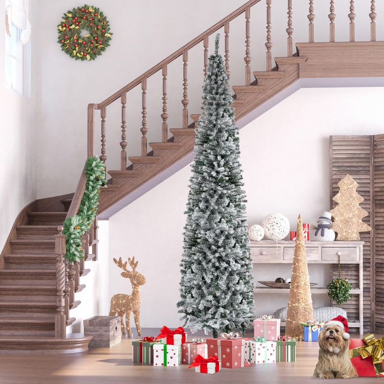 Homcom 9' Tall Unlit Snow Flocked Slim Artificial Christmas Tree With Realistic Branches And 1014 Tips