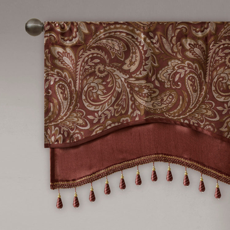 Jacquard Window Rod Pocket Valance With Beads Burgundy 50X18"