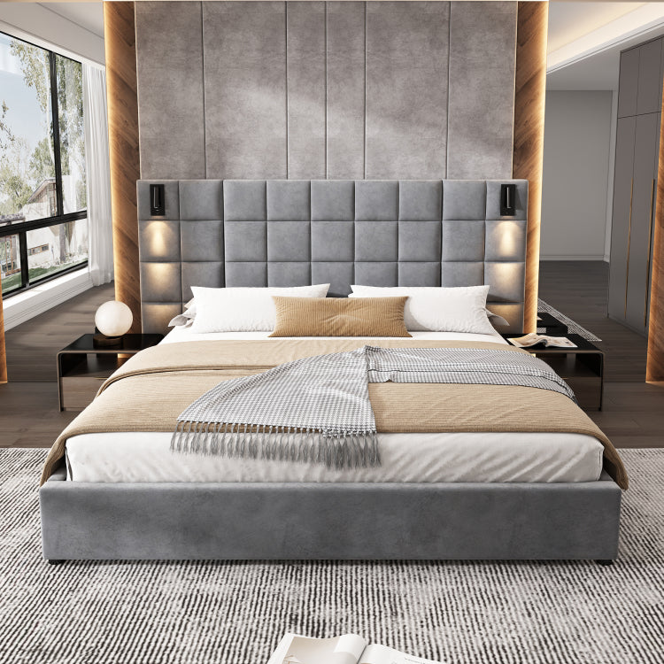 California King Size Upholstered Bed Frame,With Wall Sconce And Usb Port, Wide Headboard, Velvet, Gray