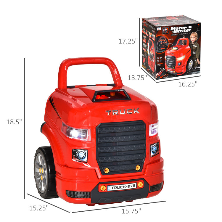 Qaba Kids Truck Engine Toy, Kids Mechanic Car Repair Set, Engine Disassembly Play Workshop, Includes 61 Pieces, Steering Wheel, Horn, Light For 3 5 Years Old, Red