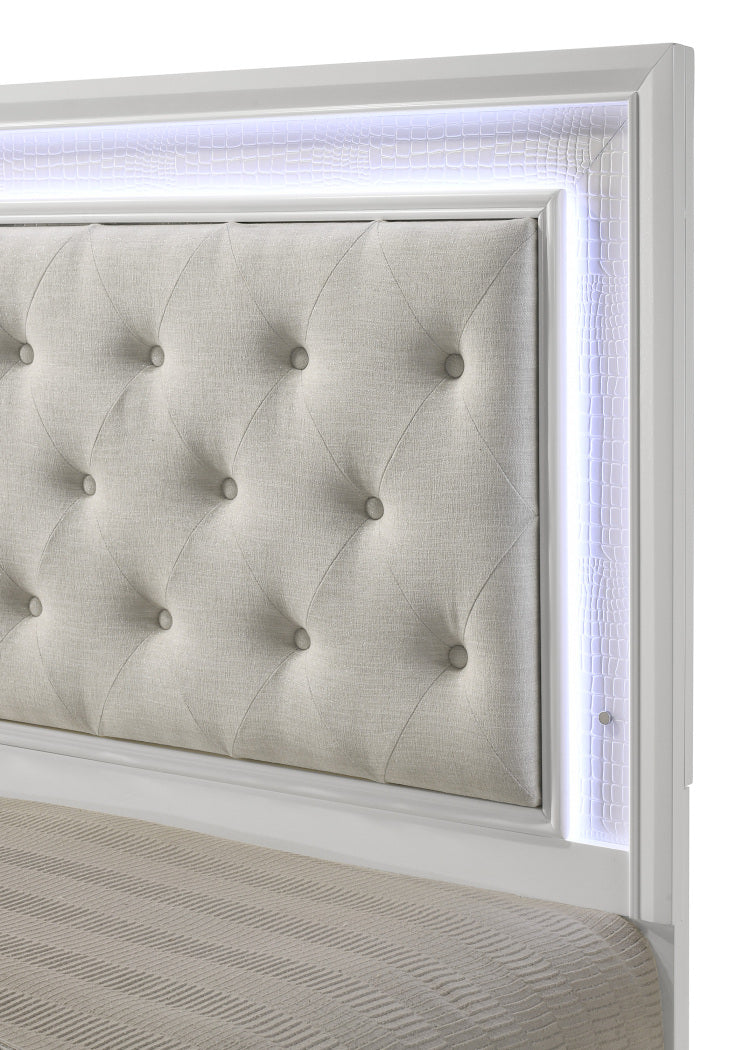 1Pc Modern White Textured Finish Tufted Headboard Upholstered Integrated Led Lighting Full Size Panel Bed Button Tufted Wooden Bedroom Furniture