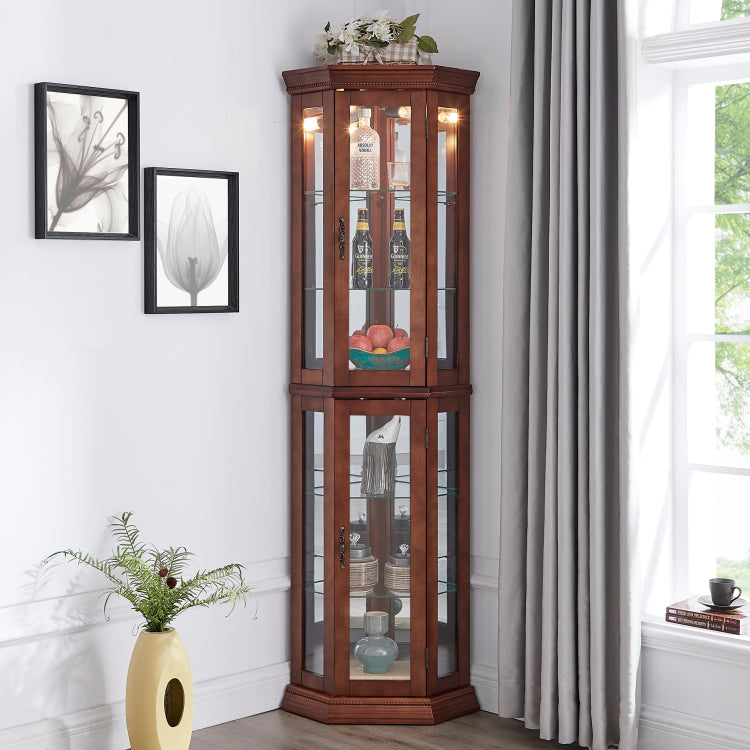 Corner Curio Cabinet With Lights, Adjustable Tempered Glass Shelves, Mirrored Back, Display Cabinet,Light Walnut E26 Light Bulb Not Included