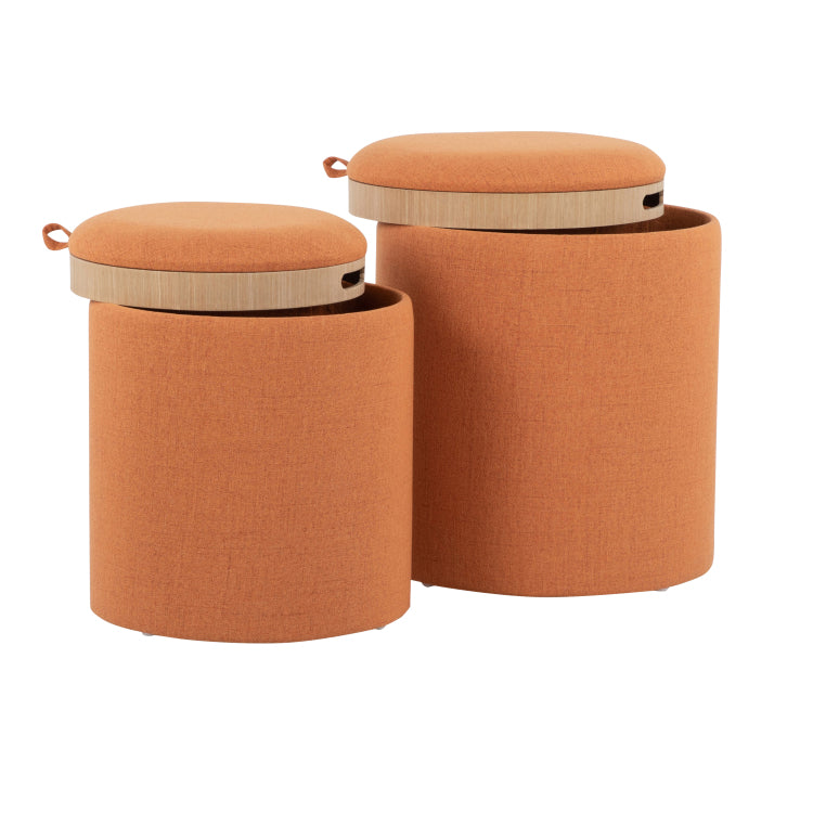 Contemporary Nesting Ottoman Set In Orange Fabric And Natural Wood