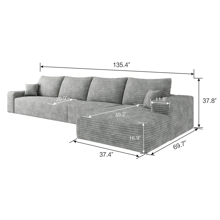 135" Cloud Sectional Couch With L Shape Chaise,Modern Modular Sofa With Deep Seat, Upholstered Couches For Living Room Bedroom,No Assembly Required,Grey Plush Corduroy Fabric