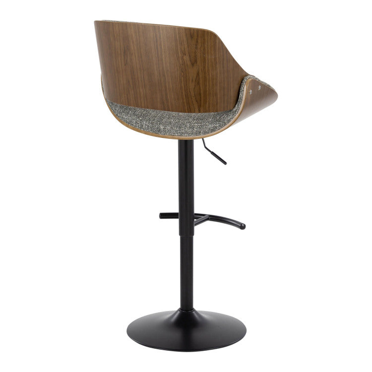 Mid Century Modern Adjustable Barstool In Walnut Wood, Black Metal And Noise Grey Fabric With Rounded T Footrest Set Of 2