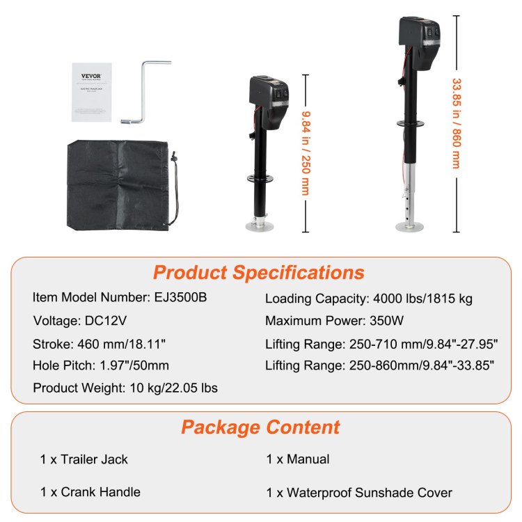 Electric Trailer Jack, Power Tongue Jack Weight Capacity 4000 Lbs, 9.84" 33.85" Electric Tongue Jack With Waterproof Cover For Lifting Rv Trailer, Horse Trailer, Utility Trailer, Yacht Trailer