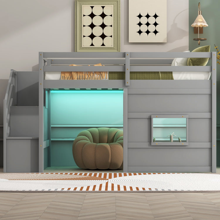 Twin Size Loft Bed With Storage Staircase And Window, With Led Light, Gray