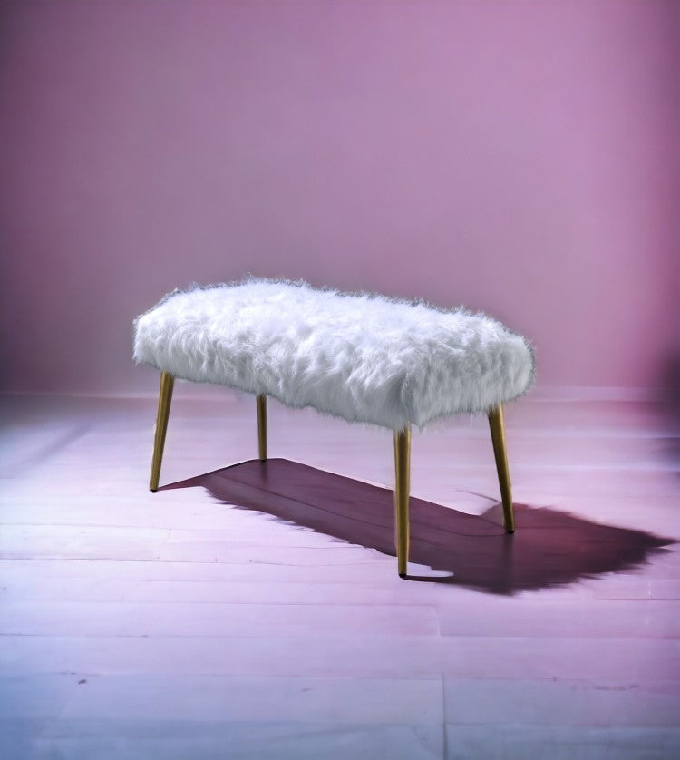 Bagley Ii White Faux Fur & Gold Finish Bench