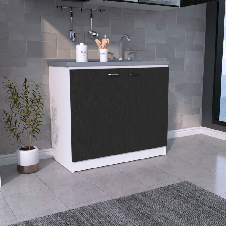 Freestanding Sink, Double Door Cabinet, Two Shelves, White Black