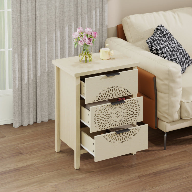 Hollow Carved 3 Drawer Cabinet Dresser Storage Chest With Metal Handles For Living Room Bedroom
