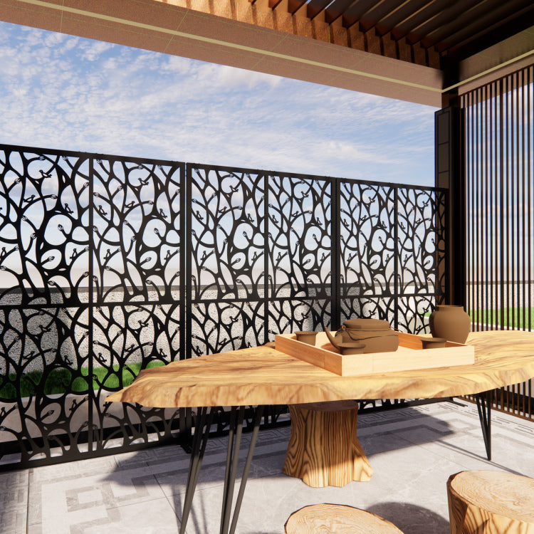 Metal Privacy Screens W3.8Ft X H6Ft Outdoor And Indoor Divider With Free Standing Decorative Privacy Screen For Balcony Patio Garden Room Divider, Black Bird Shape