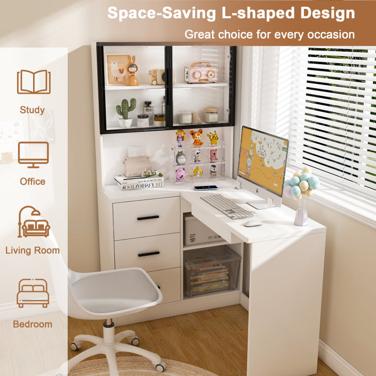 Computer Desk With Glass Cabinets & Built In Led Lights, Corner L Shaped Office Desk With Usb Charging Ports, Keyboard Tray, Ergonomic Design For Home And Corporate Workspaces White