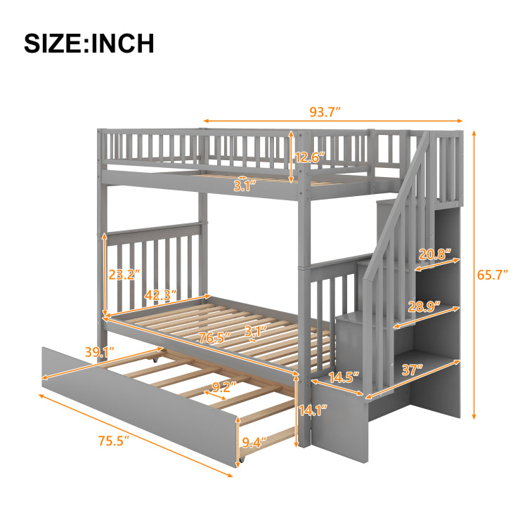 Twin Over Twin Bunk Bed With Trundle And Storage, Gray