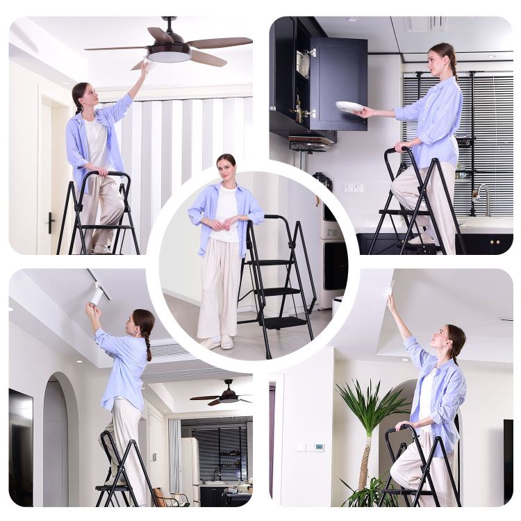 Four Step Ladder, Lightweight Folding Four Step Stool, Wide Anti Slip Pedal And Safety Handle, Sturdy Steel Ladder, Multi Purpose Step Ladder, Suitable For Home, Kitchen, And Office Elevators