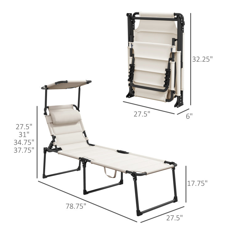 Outsunny Outdoor Lounge Chair, Adjustable Backrest Folding Chaise Lounge, Cushioned Tanning Chair W Sunshade Roof & Pillow Headrest For Beach, Camping, Hiking, Cream White