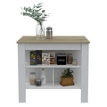 Kitchen Island, Kitchen Table 35" H, Three Open Storage Shelves, Four Legs, White Light Oak
