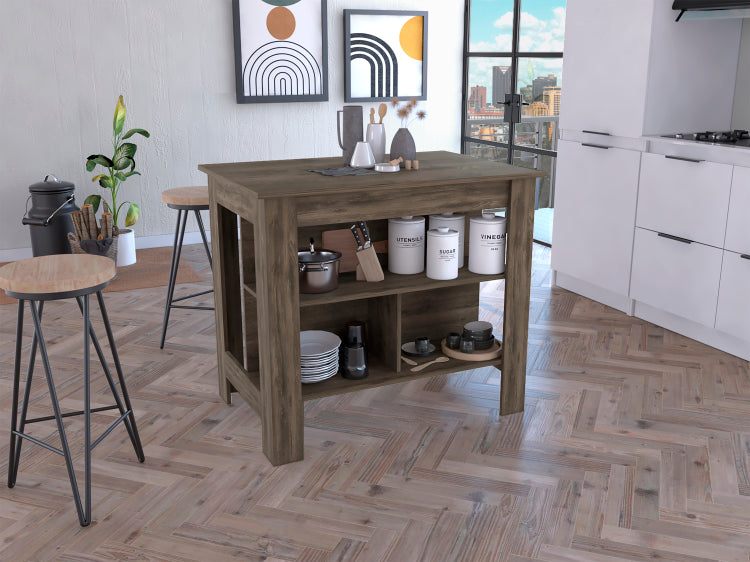 Cala Kitchen Island, Four Legs, Three Shelves Dark Brown